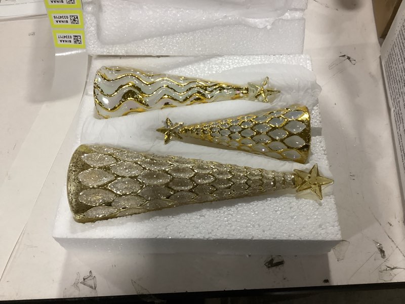 Condition photo showing Good Condition for Red Co. Set of 11, 9.5", and 8" Glass Christmas Tree Figurine Ornaments in 3 Sizes, Light-Up Holiday Season Decor