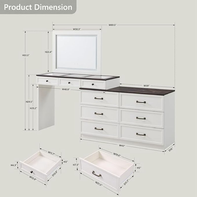 ( incomplete ) 69\" W Big Vanity Desk with Glass Top, Farmhouse Makeup Table with 9 Large Storage Drawers, Rustic Wood Bedroom Dressing Table w/3 Color Available Light & 30\" HD Led Mirror, Antique White
