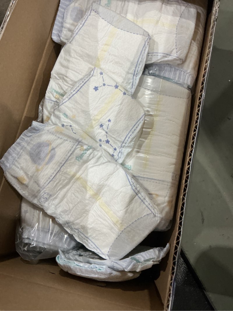 Condition photo showing As Is for pampers zzz overnight diapers, size 5 (27+ lbs), 88 count, nighttime protection disposable baby diaper, night time leak and skin protection size 5 88