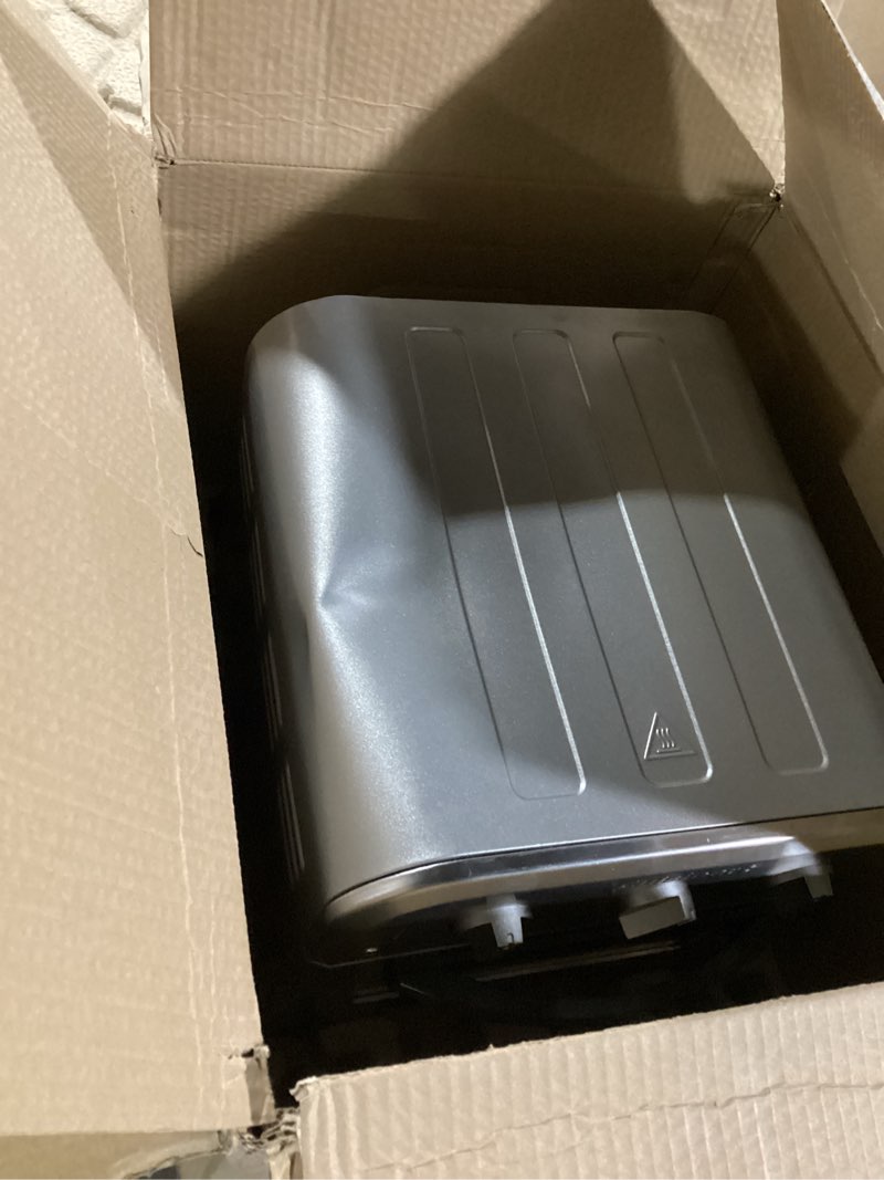 Condition photo showing As Is for cuisinart compact air fryer toaster oven, stainless steel fryer with 6-in-1 functions, adjustable temperature, includes oven rack, baking pan and air fry basket, toa-26 compact air fryer oven stainless steel