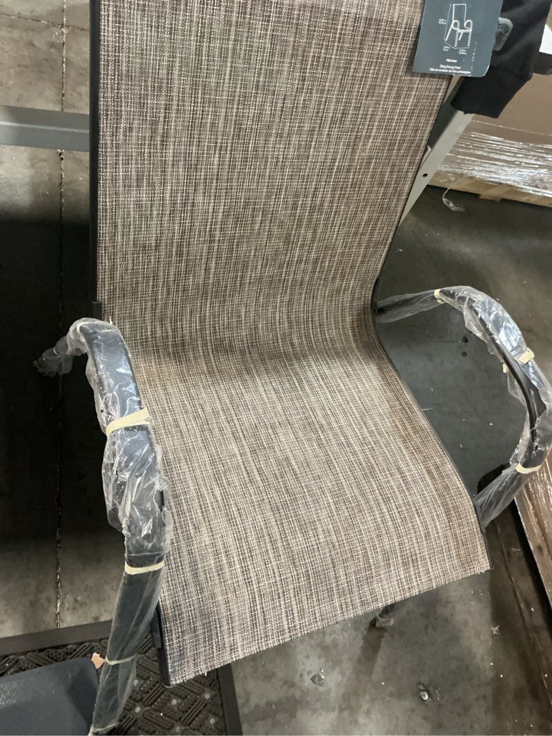 Condition photo showing Good Condition for style selections pelham bay stackable black metal frame stationary dining chair with tan sling seat