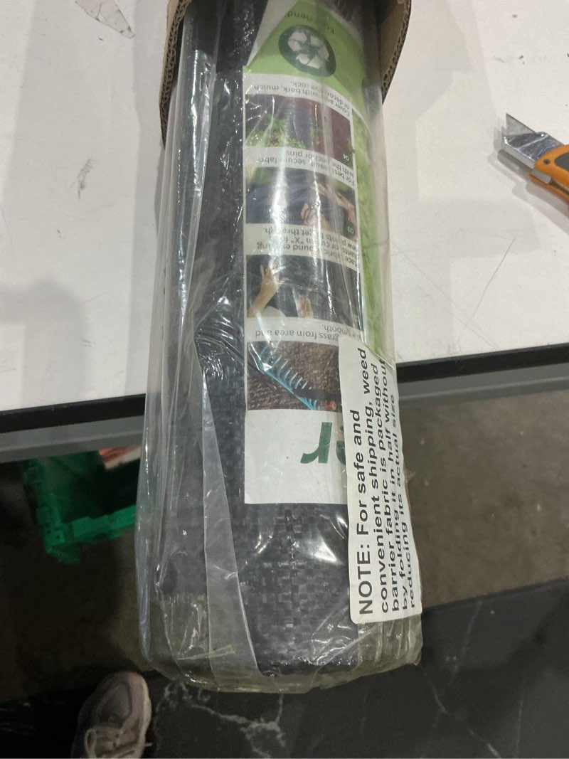 Condition photo showing Good Condition for 4ft x 100ft durable weed barrier fabric, 3oz heavy-duty landscaping fabric, permeable ground cover for garden, lawn, and outdoor projects, easy to install, with 30 staples