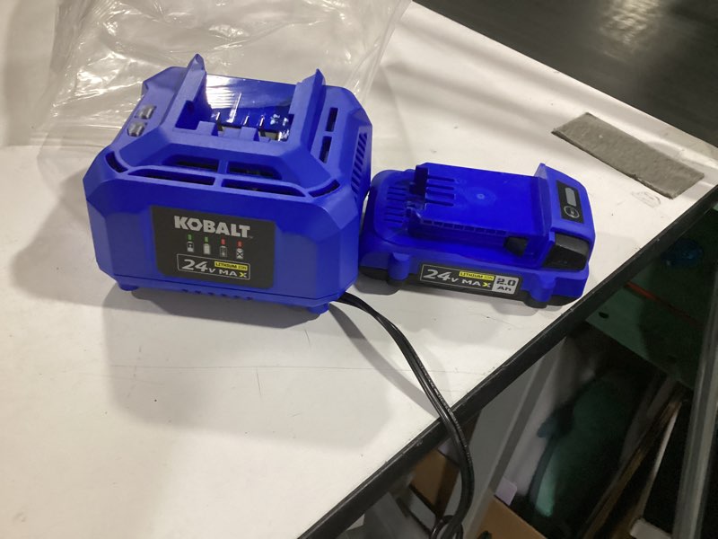 Condition photo showing New/Like New for ** incomplete **(missing 4amp battery) kobalt 2 pack . 24 volt max 2 amp hours and 4 amp hours lithium power tool battery kit (charger included)