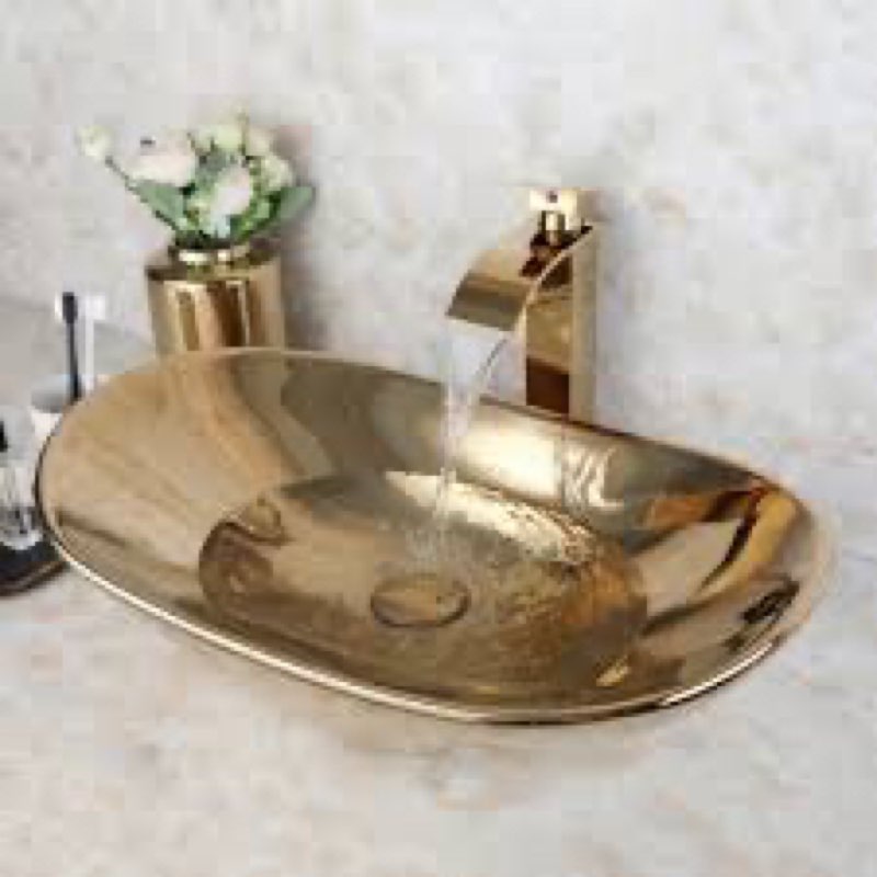 MEKKHALA Gold Bathroom Vessel Sink Combos Faucet And Drain Set 24x14 Inch Oval Ceramic Basin Bowl Ab