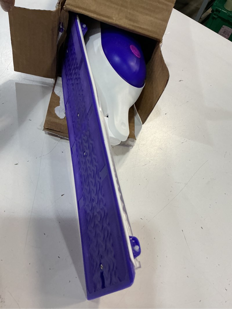 Condition photo showing As Is for swiffer powermop multi-surface mop kit for floor cleaning, includes powermop, 2 mopping pad refills, 1 cleaning solution with fresh scent and 2 batteries purple and white