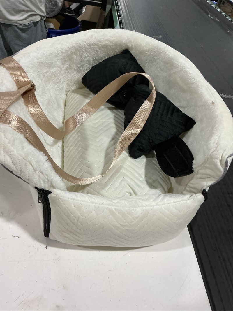 Condition photo showing As Is for dog car seat for small dogs adjustable portable center console dog car seat removable cat booster cars seats - safety belt with cushion anti-collapse for puppy kitten up to 15 lb beige quilted "v" pattern