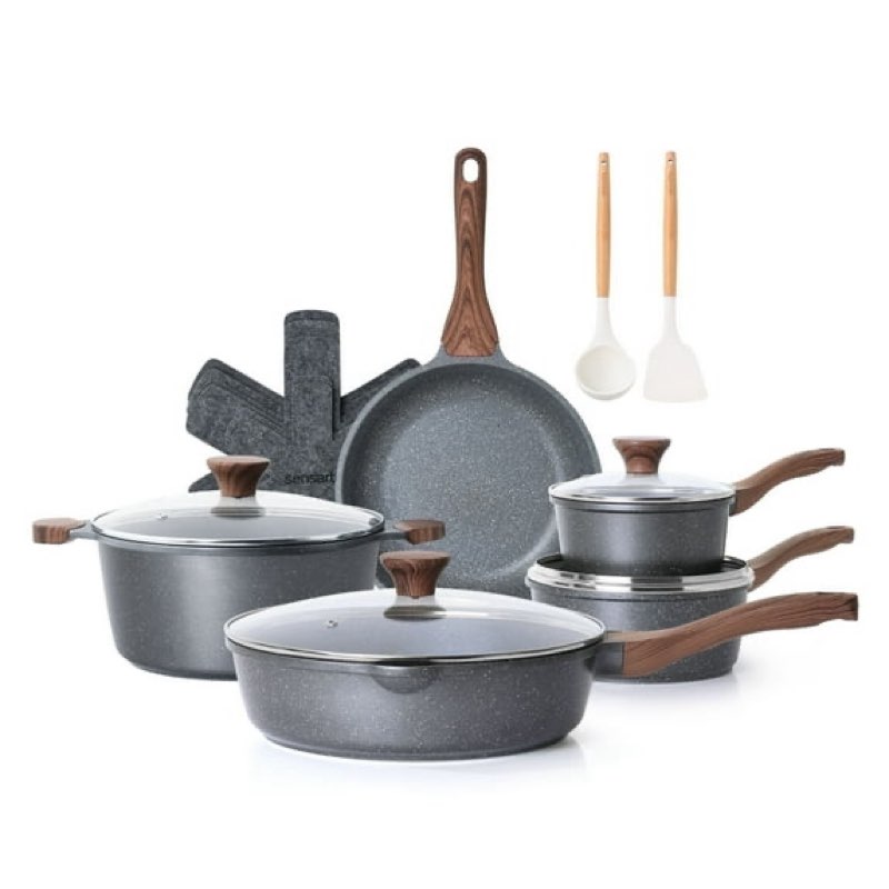 SENSARTE Nonstick Pots and Pans Set, 17 Pieces Non Stick Granite Cookware Set, Induction Kitchen Cookware Sets Gray