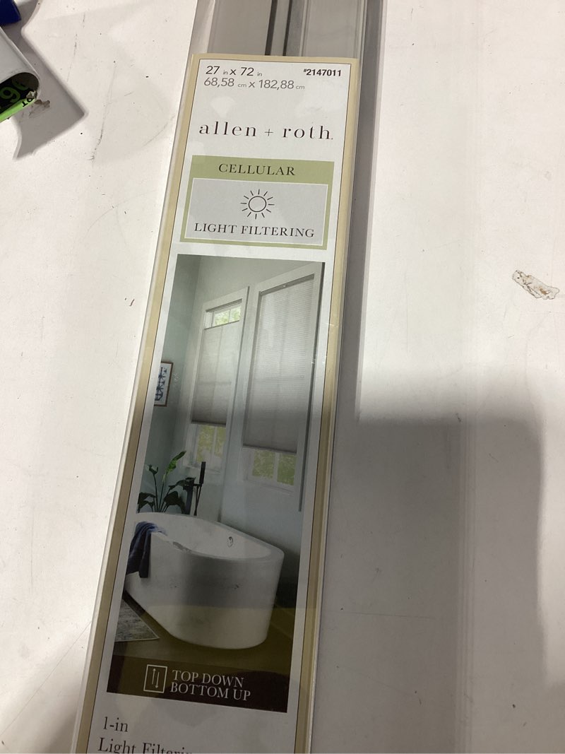 Condition photo showing As Is for allen + roth Top Down Bottom Up 27-in x 72-in Gray Light Filtering Cordless Top-Down/Bottom-Up