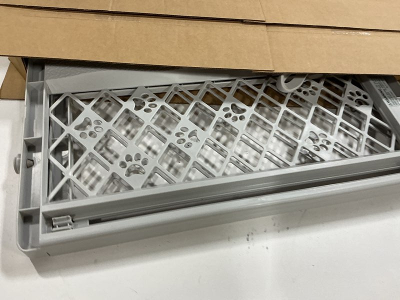 Condition photo showing As Is for MYPET North States Paws Portable Pet Gate: 26-40" Wide. Pressure Mount. No Tools Needed. Made in USA. Dog Gate 23" Tall, Expandable, Durable Dog Gates for Doorways, Light Gray
