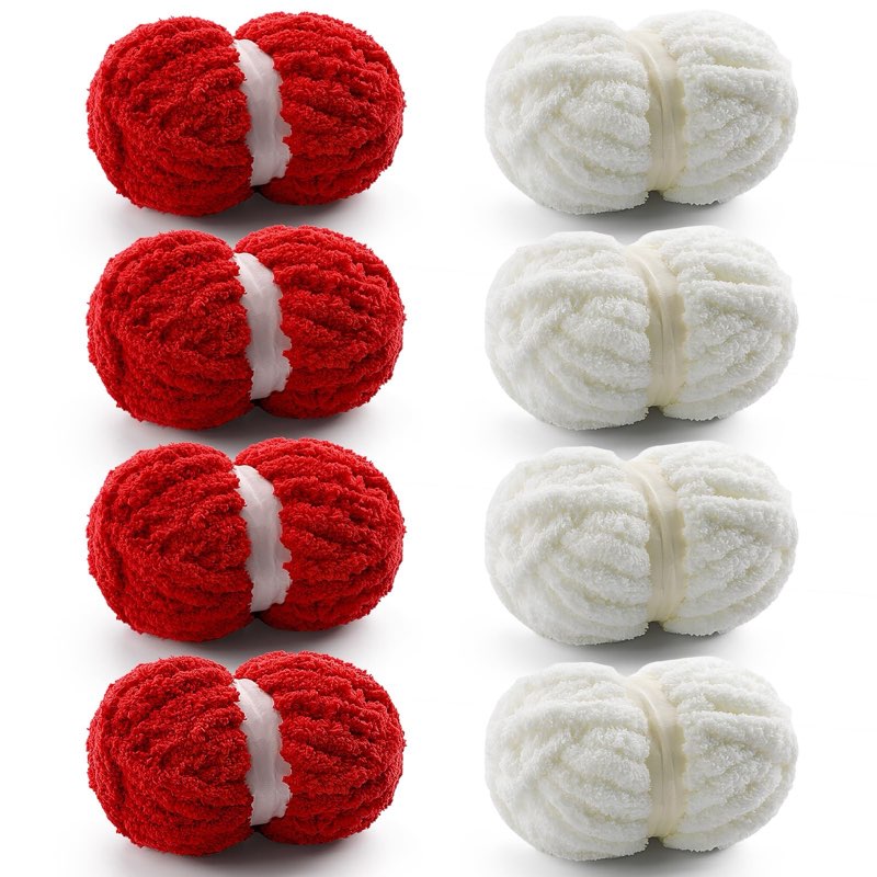 8 pack chunky yarn for hand knitting - chunky chenille yarn for crocheting - fluffy yarns for crochet - jumbo yarns for hand knitting 28.4 yds 7.7 oz per roll (8, big red-milky white) 8 big red-milky white