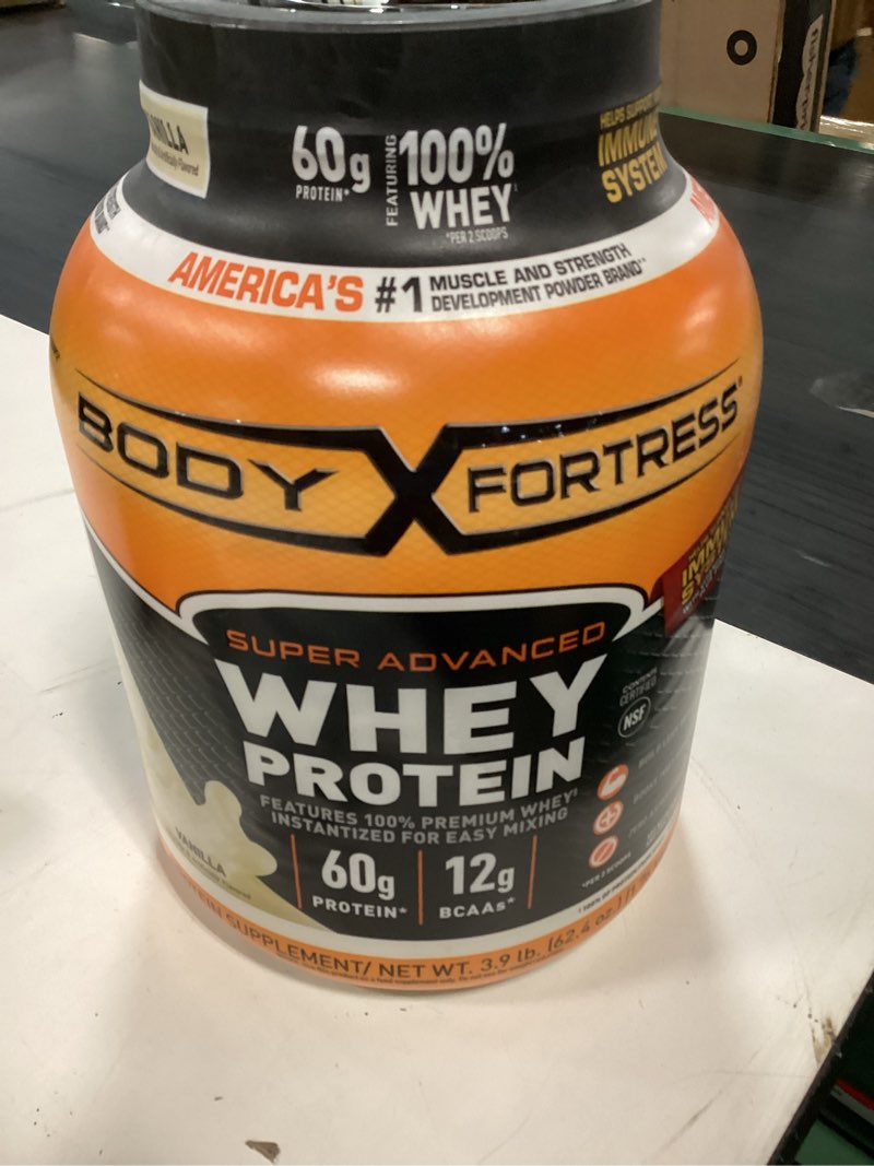 Condition photo showing New/Like New for body fortress super advanced whey protein powder, vanilla, 60g protein & 12g bcaas per 2 scoops, muscle gain & recovery, immune support with vitamins c & d, 3.9lbs (packaging may vary) vanilla 39 servings (pack of 1)