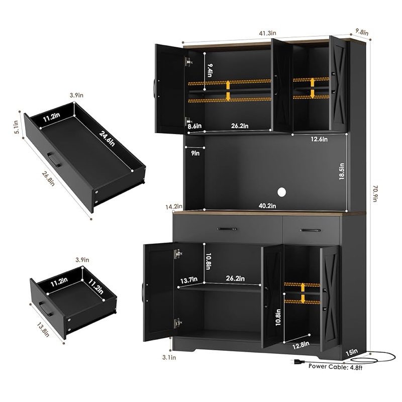 71.9" tall kitchen pantry storage cabinet with charge station