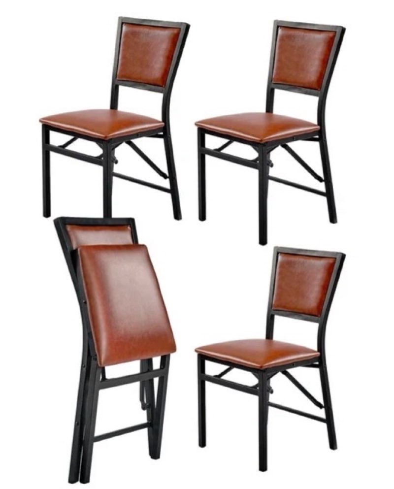 VECELO Set of 2 Metal Folding Chairs, High Back PU Upholstered Dining Chairs with Metal Frame, Modern Style Folding Chairs for Kitchen, Dining Room, Space Saving Design, Brown