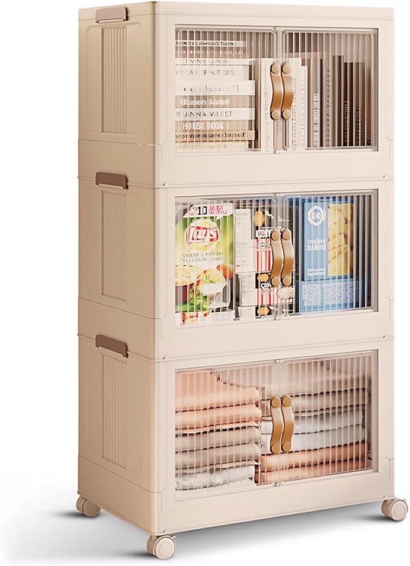 ( similar ) 3 Tier Large Stackable Storage Bins with Lids Open Front & 360° Wheels 84.5 QT - Collapsible Storage Bins Home Office Closet Storage Organization, Foldable Clothes Storage Cabinet, 21 GAL