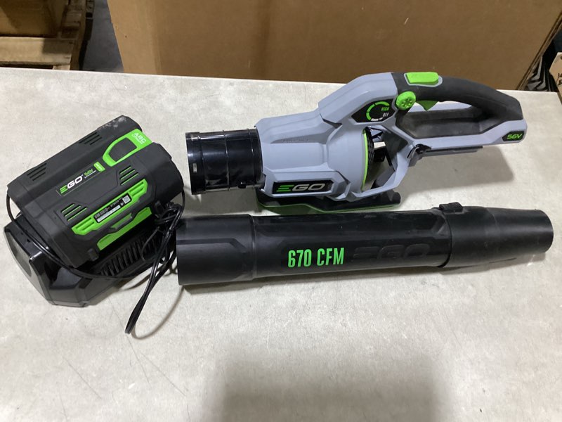 Condition photo showing As Is for ego lb6703 670 cfm 180 mph 56v lithium-ion cordless electric variable-speed blower kit with 4.0ah battery and 320w charger included, black