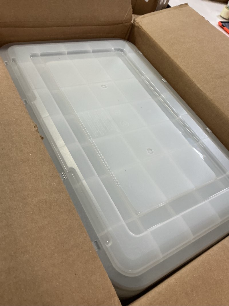 Condition photo showing As Is for iris usa weatherpro 32 qt storage bins with lids, 4 pack, bpa-free plastic gasket box with tight latch and seal, stackable nestable tote tub - clear/black 36 qt. - 4 pack