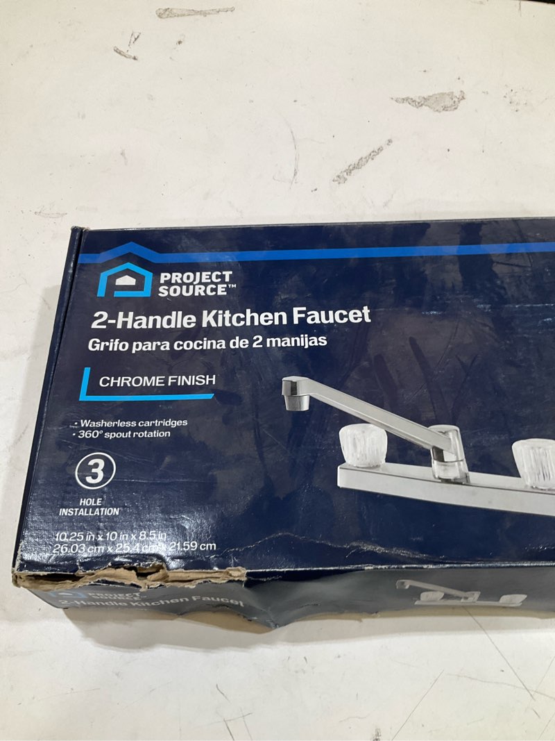 Condition photo showing As Is for project source chrome 2-handle deck-mount low-arc handle kitchen faucet (deck plate included)