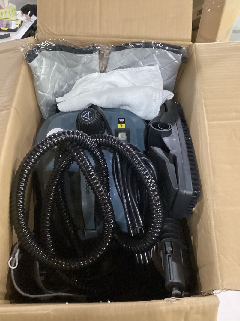 Condition photo showing As Is for steam cleaner, powerful heavy duty canister steamer with 34 accessories, steam mop with 16.4 ft extra-long power cord for home floor cleaning, grout, upholstery, car detailing, grey