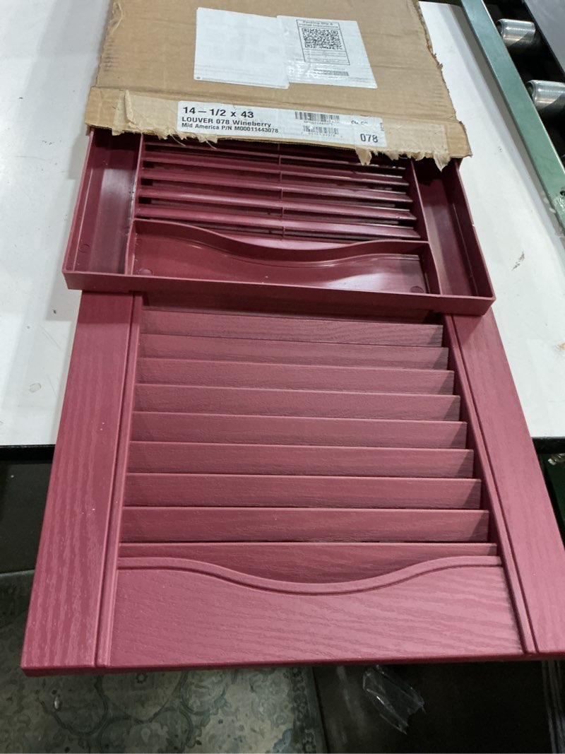 Condition photo showing Good Condition for builders edge 14.5 in. w x 43 in. h builders edge, standard cathedral top center mullion, open louver shutters, includes matching installation spikes (per pair), 078 - wineberry 14.5"w x 43"h 078 - wineberry