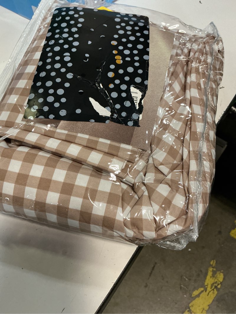 Condition photo showing As Is for andency gingham duvet cover full size, tan brown checkered plaid bedding set, 3 pieces soft prewashed polyester comforter cover with zipper closure & corner ties tan full(79*90 in)