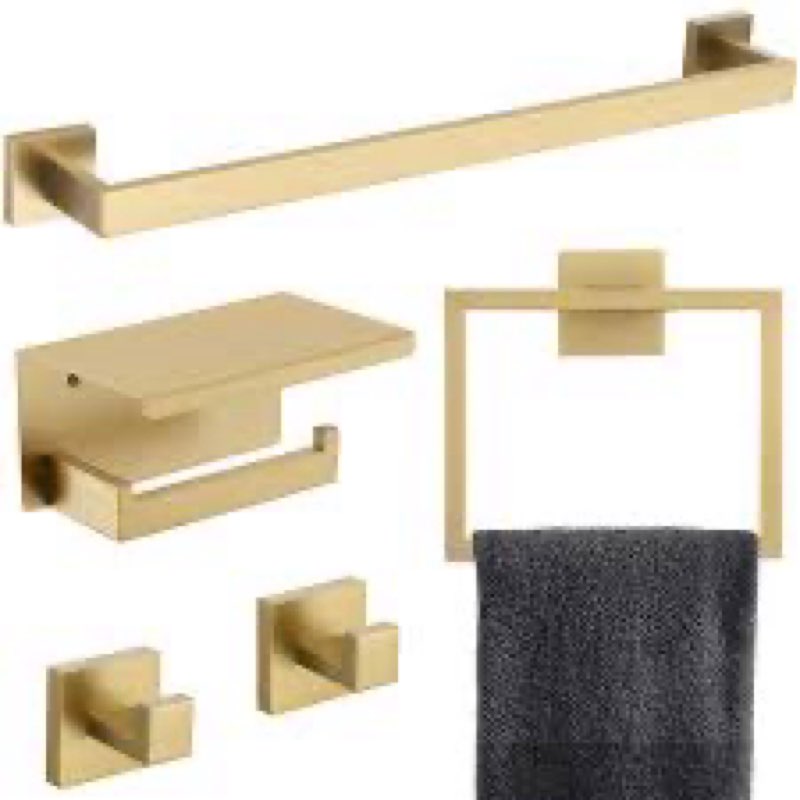 gold towel bar set 5 pieces bathroom hardware accessories set,upgraded toilet paper holder with shelf,stainless steel towel holder set for bathroom, wall-mounted