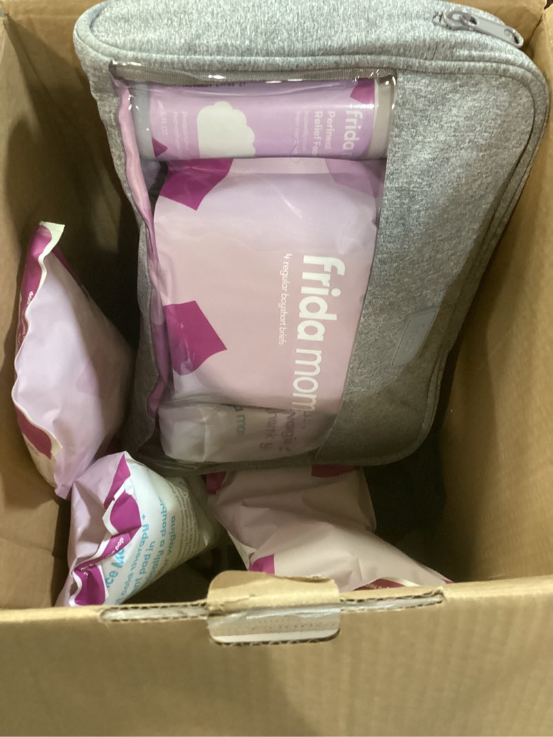 Condition photo showing As Is for frida mom c-section recovery must have kit for labor, delivery, & postpartum, socks, peri bottle, disposable underwear, abdominal support binder, shower wipes, silicone scar patches, & toiletry bag c-section recovery kit