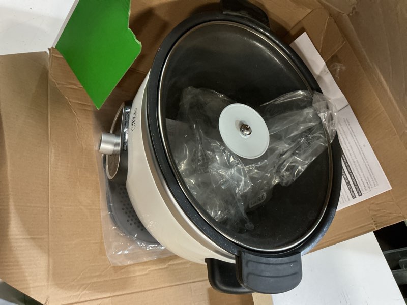 Condition photo showing As Is for greenlife 6qt slow cooker, non-toxic pfas-free ceramic nonstick removable interior bowl, programmable, family friendly, keep warm, stovetop & oven safe, dishwasher safe crock, timer, glass lid, white 6 quarts white