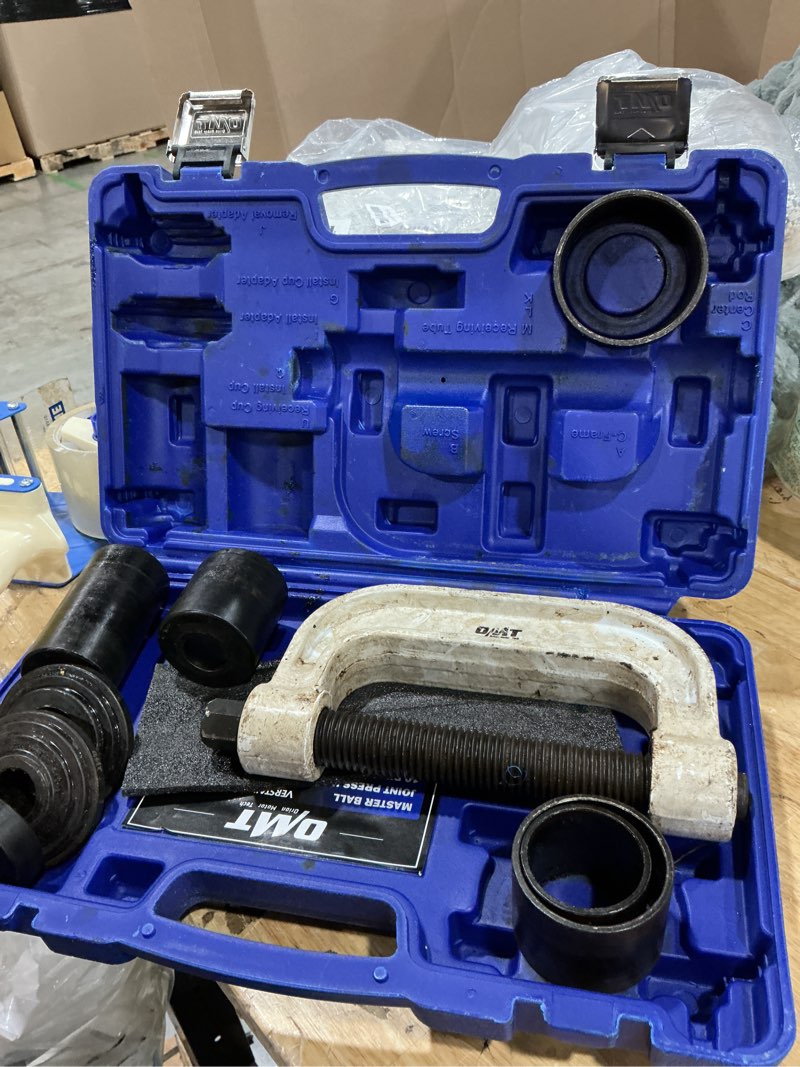 Condition photo showing As Is for orion motor tech ball joint press kit, heavy duty ball joint removal tool kit with 4x4 adapters, for most 2wd and 4wd cars and light trucks blue c-frame