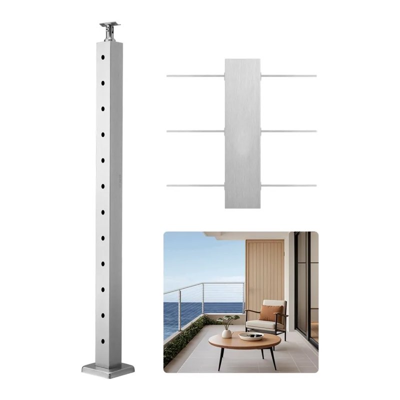 VEVOR Cable Railing Post, 42x2x2 Inch Level Deck Stair Posts, 1-Pack Stainless Steel Cable Handrail Post, Pre-Drilled Pickets with Mounting Bracket Stair Railing Kit, Silver, 1JZLGZXYS1061EF8W001V0