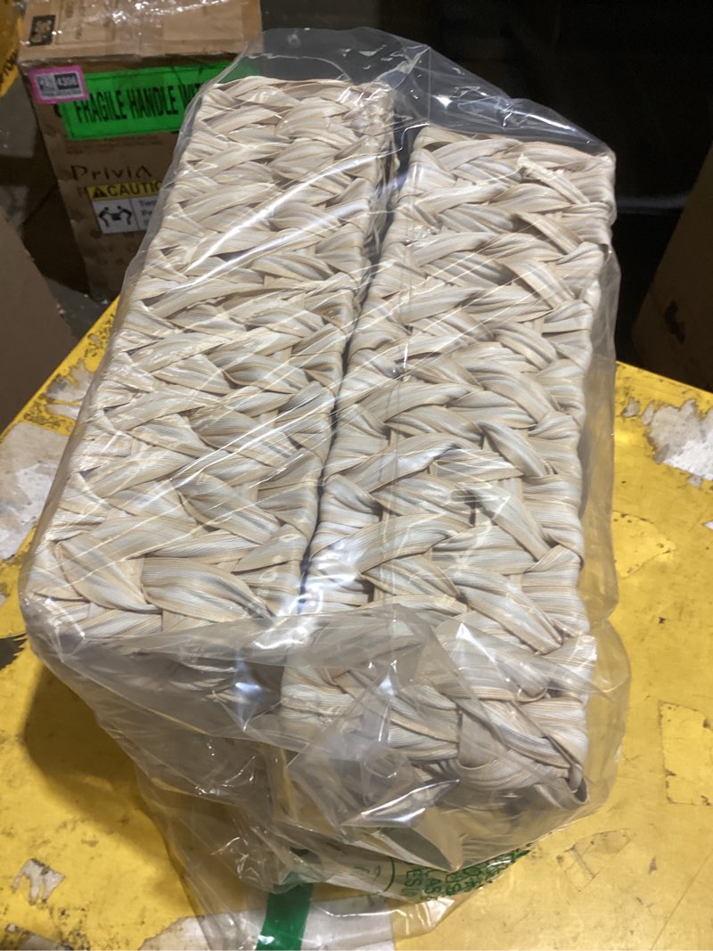 Condition photo showing Good Condition for granny says wicker baskets for organizing, storage basket for shelves, shelf baskets with handles, waterproof woven basket for living room, rectangular baskets for entryway, 2-pack butter milk 11¼"l x 7½"w x 3½"h