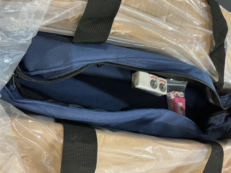 Condition photo showing New/Like New for american mahjong tile set,166 white tiles mahjong set,4 colors mahjong racks,travel mahjong set with blue carrying bag blue bag--white