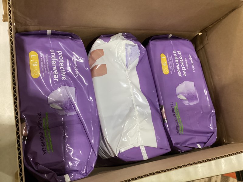 Condition photo showing Good Condition for amazon basics incontinence underwear for women, protective, disposable, postpartum, maximum absorbency, large, lavender, 54 count (3 packs of 18) large 54.0