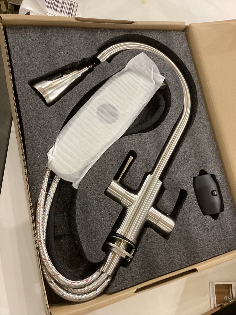Condition photo showing Good Condition for Hurran Kitchen Sink Faucet with Pull Down Sprayer, 2 Handles High Arc Stainless Steel Kitchen Faucet with Escutcheon, Suitable for Kitchens, RVs, and Bars, Brushed Nickel