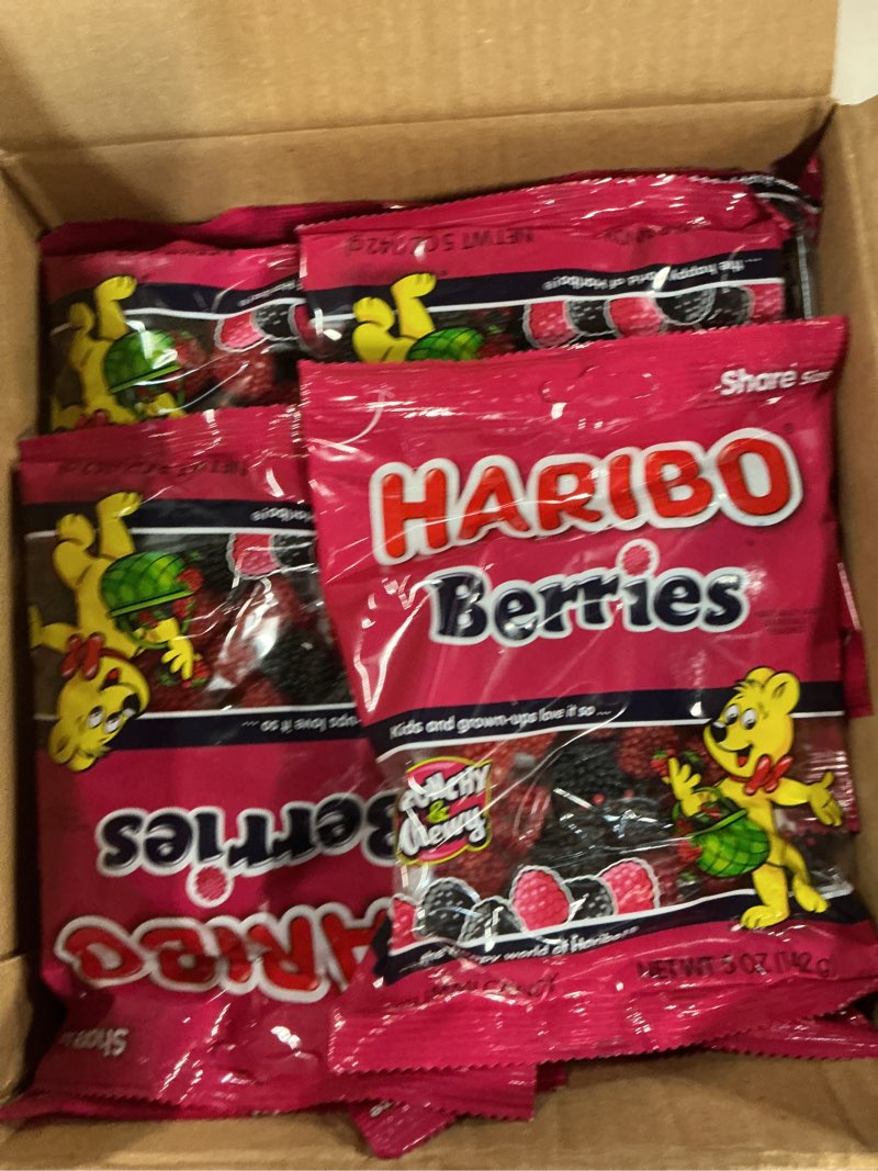 Condition photo showing New/Like New for ((b.b 06/26))haribo gummi candy, berries gummy candy, 5 ounce share size bags (pack of 12) delicious soft & crunchy, chewy sweet snacks, red & black berry fruit flavor berries 5 ounce (pack of 12)