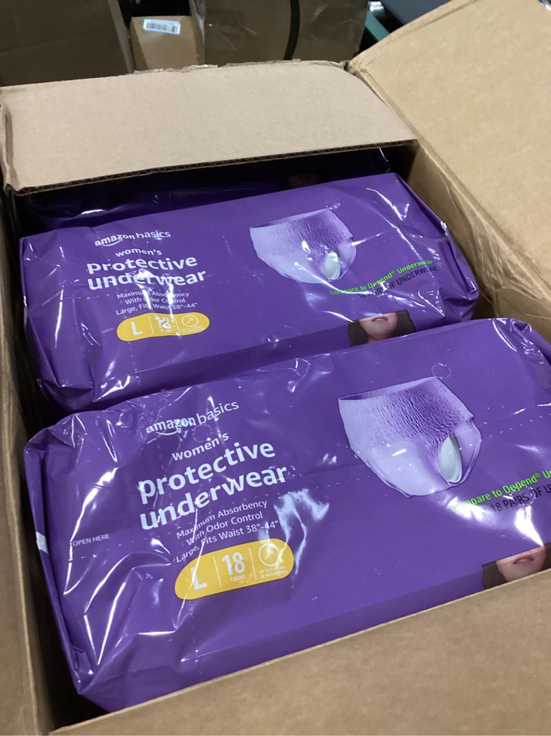 Condition photo showing New/Like New for (3 packs)Amazon Basics Postpartum Incontinence Underwear for Women, Maximum Absorbency with Bladder Leak Protection, Fresh Protection, Disposable, Large, Lavender, 18 Count