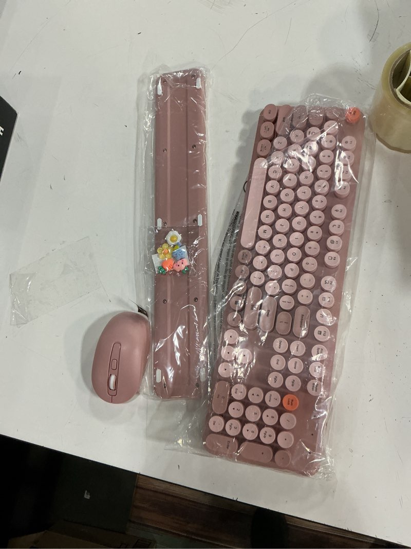 Condition photo showing As Is for wireless keyboard and mouse combo, typewriter keyboard with detachable wrist rest, full-size retro round keycaps, smart-sleep, 2.4ghz stable connection for mac/windows/pc, trueque(dusty rose)