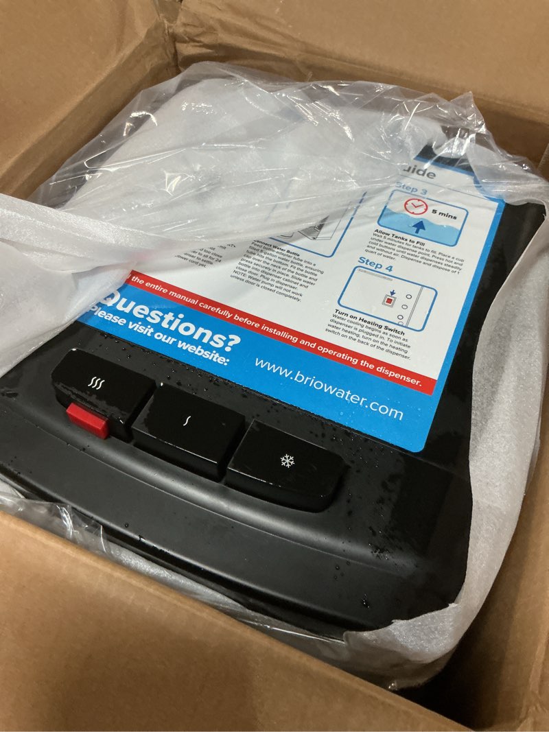 Condition photo showing As Is for brio 130 series bottom load water cooler dispenser for 5 gallon bottles, hot, room & cold, great for home or office, child safety lock, empty bottle alert, energy star 3.0, black