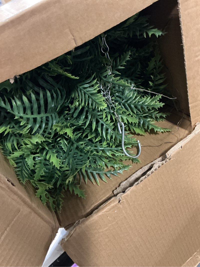 Condition photo showing As Is for QIANYUN Fake Fern Outdoor Artificial Plants-2-Pack Artificial Outdoor Hanging Fern Faux Greenery UV Resistant Plastic Plants for Front Porch Living Room Garden Decor- Including Hanging Planters