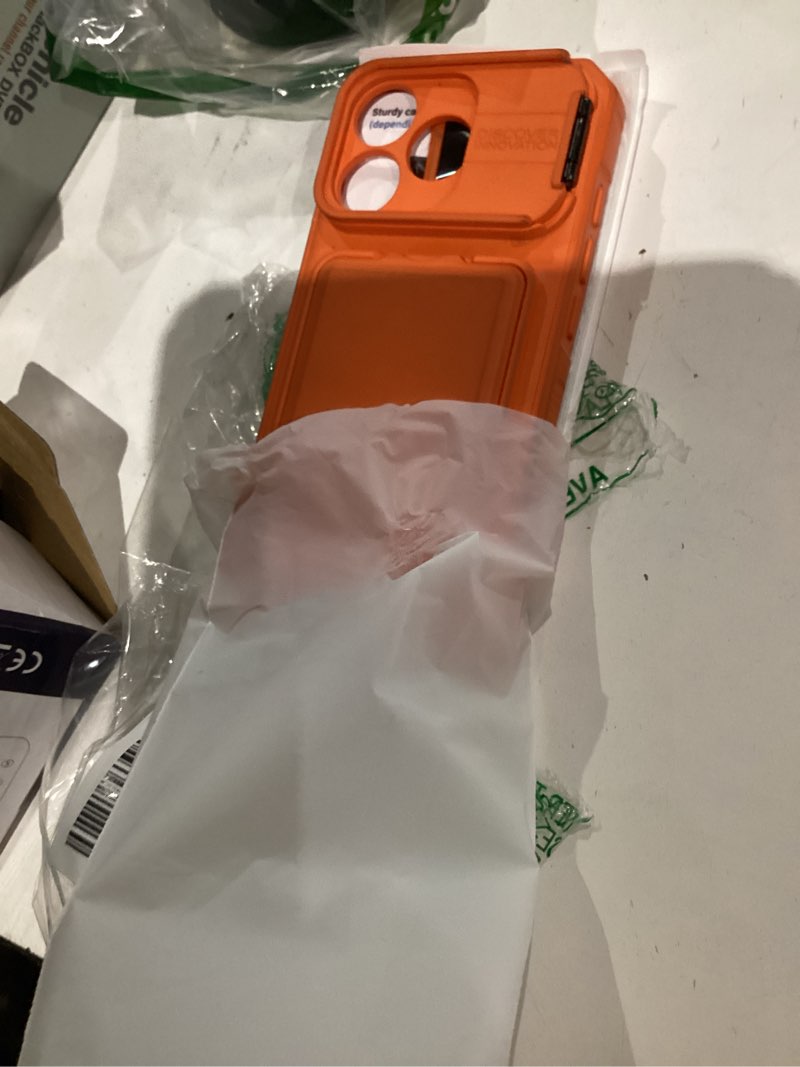 Condition photo showing As Is for SSLOTSCASE for iPhone 17 Pro Wallet Case with 2X Screen Protector, Card Holder & Kickstand & Slide Lens Cover & Camera Stand, Hard Shockproof Men Women Phone Case Cover for iPhone 17 Pro 2025, Orange Orange with Screen Protector iPhone 17 Pro