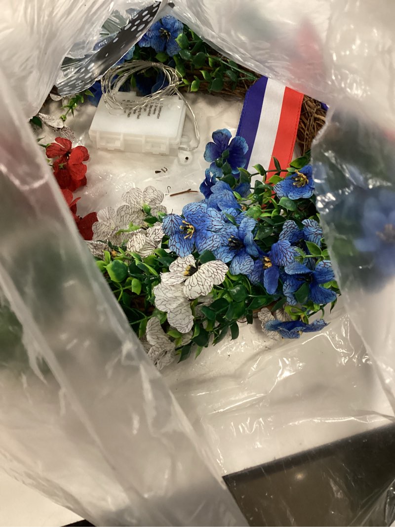 Condition photo showing As Is for 4th of july wreath with lights for front door,violet patriotic wreath with american flag bow and eucalyptus leaves, artificial floral wreath for independence day window wall farmhouse decor (20 in)