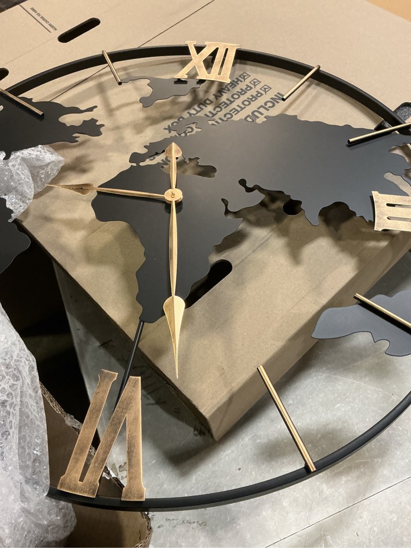 Condition photo showing New/Like New for 36 Inch Oversized Giant Extra Large Modern Decorative Metal World Map Wall Clock,Big Vintage Gold Roman Numeral Wall Clocks for Living Room,Entryway,Office,Fireplace,Dining Room Black Roman 36 inch
