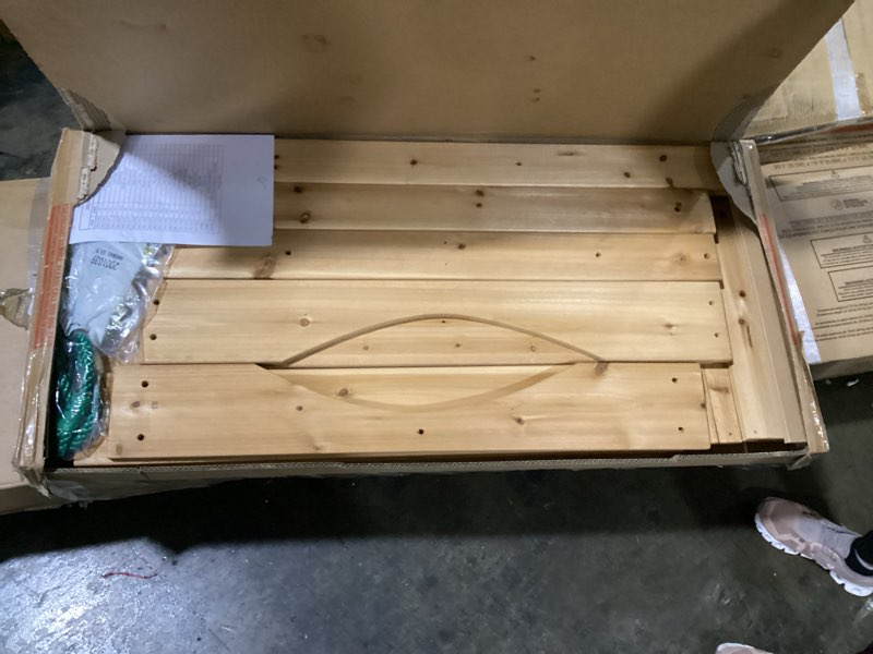 Condition photo showing Good Condition for complete set, 3 boxes for pick up. backyard discovery belmont cedar wood swing set with wave slide, play deck, rock wall ladder, snack bar window, shaded picnic area, bench, belt swings, trapeze, sandbox area, canopy, outdoor playset