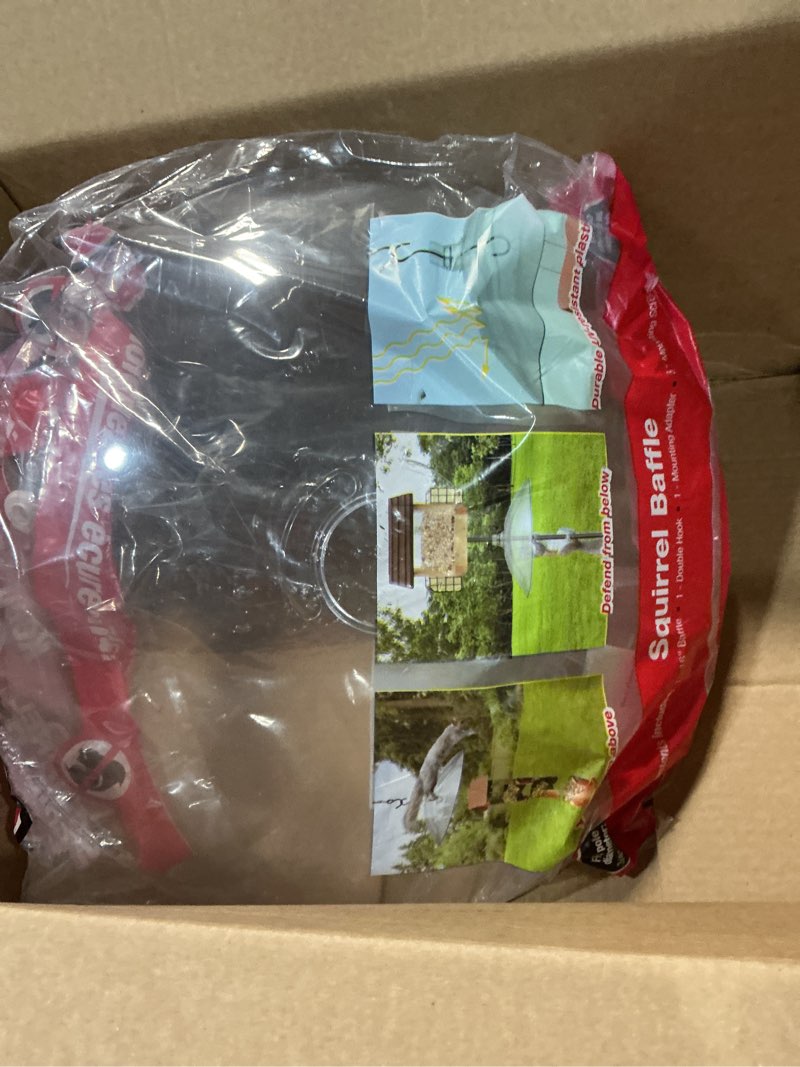 Condition photo showing As Is for squirrel shield 16 inch plastic squirrel baffle - protects hanging and pole mounted feeders, clear