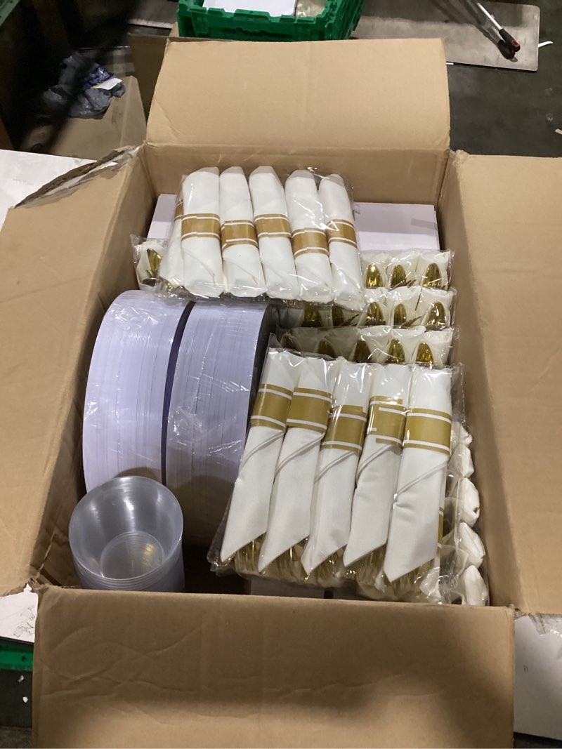 Condition photo showing New/Like New for WELLIFE 350Pcs White and Gold Plastic Plates for 50 Guests - Plastic Dinnerware Set, Includes 100 Gold Plates,150 Silverware,50 Napkins,50 Cups for Party,Disposable Plates for Party