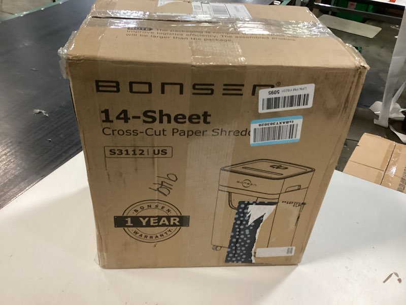 Condition photo showing New/Like New for bonsen 14-sheet paper shredder for home office, heavy duty cross cut shredder with 5.3 gal pullout bin, quiet shredder for cds/credit card/staple, p-4 security, anti-jam system 14-sheet cross cut