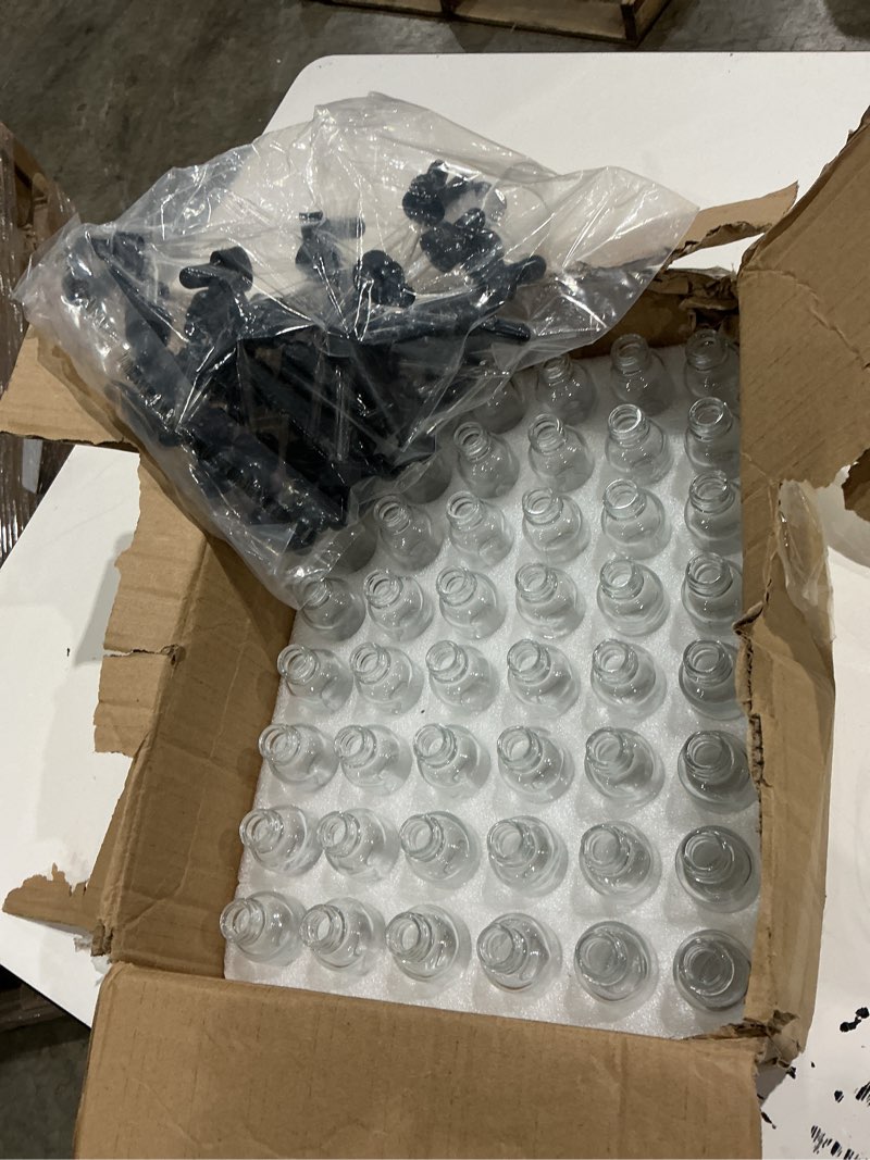 Condition photo showing Good Condition for 48 pack 1oz clear glass bottles with glass eye droppers for essential oils, perfumes & lab chemicals (brush, funnels, 2 extra droppers, 54 pieces labels & 30ml measuring cup included)