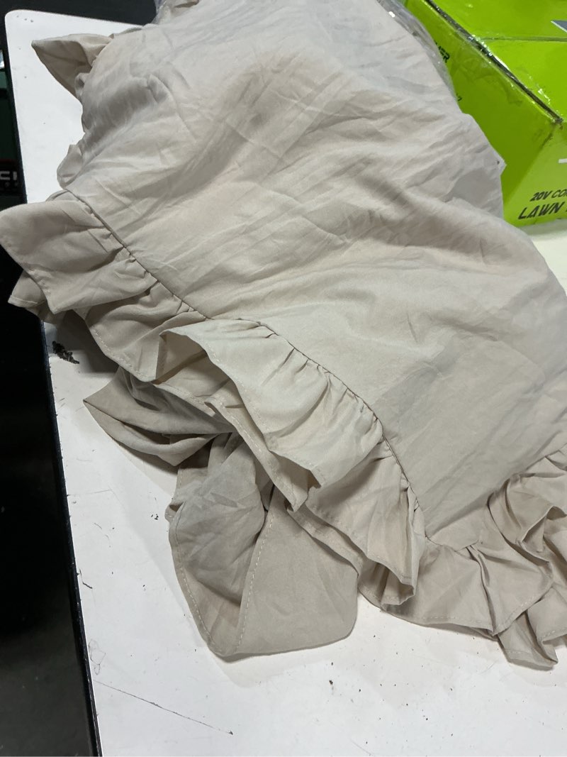 Condition photo showing Good Condition for mr&hm brushed microfiber ruffle skirt bedspread set - 30" long drop, 3 piece full, linen shabby chic style bed spread?french country soft bedspread and pillow shams, vintage farmhouse decor 1- linen full (55"x75" + 30" drop)