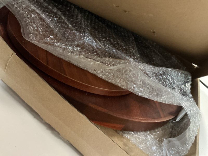 Condition photo showing As Is for 18" Acacia Wood Lazy Susan Organizer Kitchen Turntable for Cabinet Pantry Table Organization