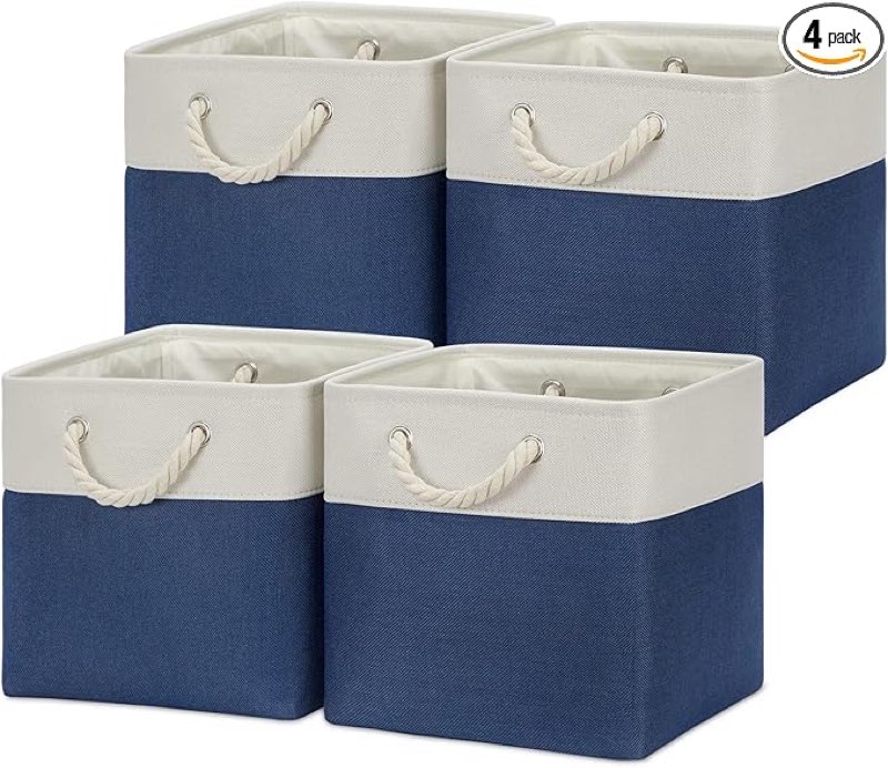 temary fabric storage cubes for organizing 4pack blue fabric storage basket 12 inch cube storage bins with handles for organizing toys, shelf baskets for home office closet (white&blue)
