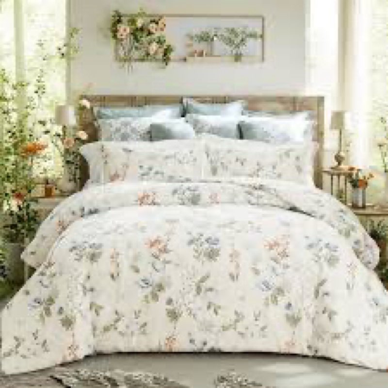 Cozaline 100% Cotton Comforter King Size Green Floral Bedding Set Reversible Botanical Comforter Set